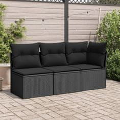 Greatstore fekete 3 személyes polyrattan kerti kanapé párnákkal