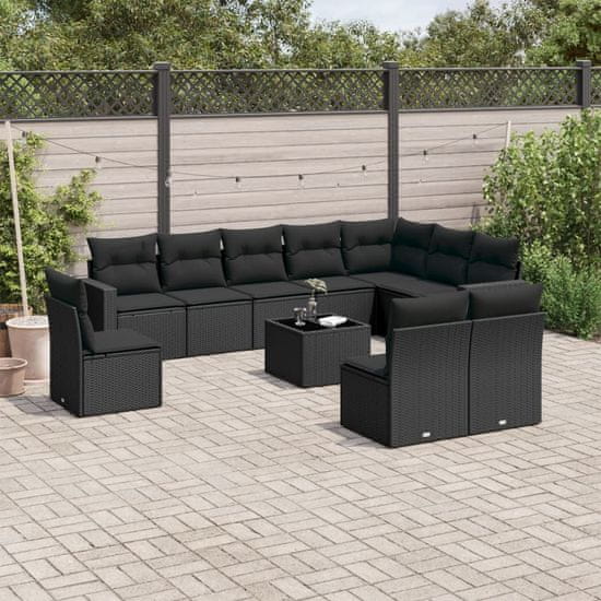 Greatstore 11 részes fekete polyrattan kerti ülőgarnitúra párnákkal