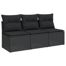 Greatstore fekete 3 személyes polyrattan kerti kanapé párnákkal