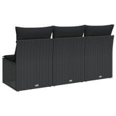 Greatstore fekete 3 személyes polyrattan kerti kanapé párnákkal