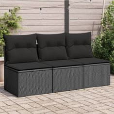 Greatstore fekete 3 személyes polyrattan kerti kanapé párnákkal