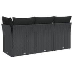 Greatstore fekete 3 személyes polyrattan kerti kanapé párnákkal