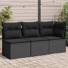 Greatstore fekete 3 személyes polyrattan kerti kanapé párnákkal