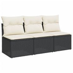 Greatstore fekete 3 személyes polyrattan kerti kanapé párnákkal