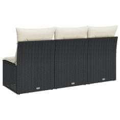 Greatstore fekete 3 személyes polyrattan kerti kanapé párnákkal