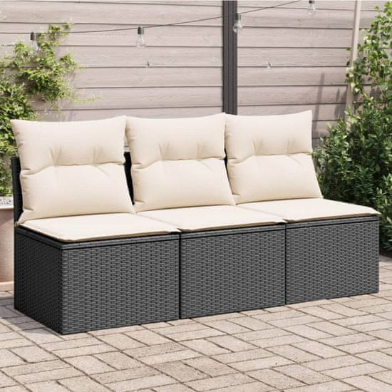 Greatstore fekete 3 személyes polyrattan kerti kanapé párnákkal