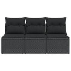 Greatstore fekete 3 személyes polyrattan kerti kanapé párnákkal