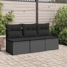 Greatstore fekete 3 személyes polyrattan kerti kanapé párnákkal