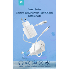 Devia 2xUSB hálózati töltő adapter + USB - Type-C kábel 1 m-es vezetékkel - Smart Series Charger Suit With Type-C Cable - 5V/2.4A - fehér (ST364037)