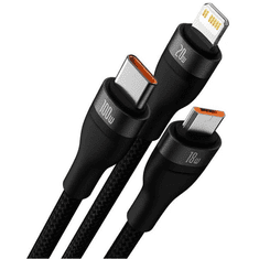 BASEUS USB / USB Type-C töltő- és adatkábel 3in1, USB Type-C, Lightning, microUSB, 120 cm, 100W, törésgátlóval, gyorstöltés, PD, QC, cipőfűző minta, Flash Series 2, CASS030101, fekete (RS128891)