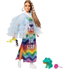Mattel Barbie Fashionistas: Extravagáns barna hajú baba szivárványos ruhában (GRN27) (GRN27)