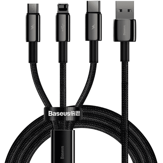 USB töltő- és adatkábel 3in1, USB Type-C, Lightning, microUSB, 150 cm, 3500 mA, törésgátlóval, gyorstöltés, cipőfűző minta, Baseus Tungsten Gold, CAMLTWJ-01, fekete