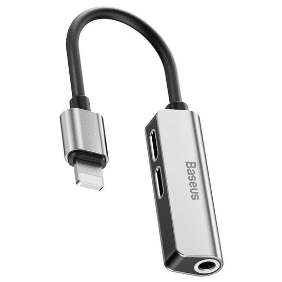 BASEUS Audió és töltő adapter 3in1, elosztó, Lightning - Lightning töltő - Lightning audió - 3.5 mm jack átalakító, L52, ezüst (RS123083)