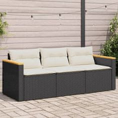 Greatstore fekete 3 személyes polyrattan kerti kanapé párnákkal