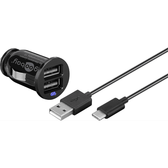 Goobay Autós 2xUSB töltő 2.4A + USB - USB-C töltőkábel - Fekete (58820)