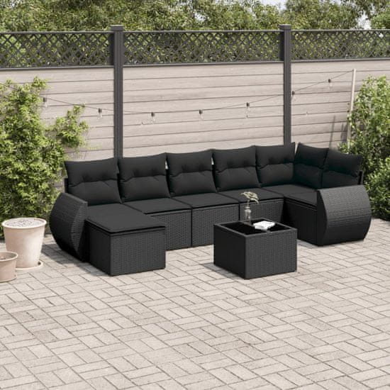 Greatstore 8 részes fekete polyrattan kerti ülőgarnitúra párnákkal