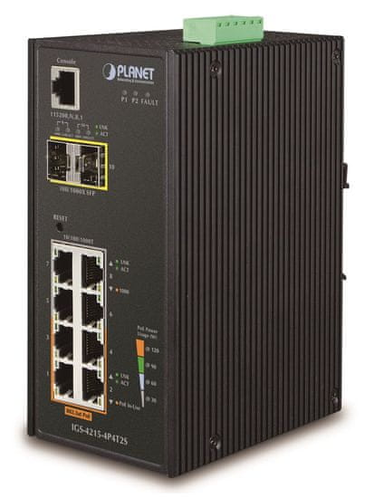 Planet IGS-4215-4P4T2S ipari L2 switch, 4x1Gb, 2x1Gb SFP, 4x PoE 802.3at 140W, 48-54VDC, -40~75°C, IP30