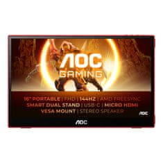 AOC 16G3 Monitor 15.6inch 1920x1080 IPS 144Hz 4ms Fekete-Piros