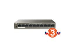 Tenda TEF1110P-8-63W - PoE AT switch 63Watt, 10xRJ45 switch 8x 10/100 Mbps PoE, 2x Uplink, ventilátor nélküli, fém