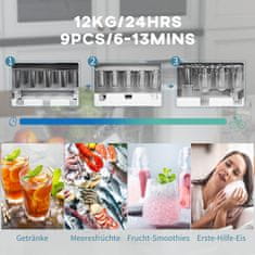 HOMCOM Jégkockagép Ice Maker 9 Kocka 6-13 Perc Alatt, 12 Kg 24 Óra Alatt, Öntisztító Jégkockakészítő Lapáttal, Fehér 