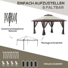 OUTSUNNY Összecsukható Pavilon 4X4M Állítható Magasságú Kerti Pavilon Uv Védelemmel És Hálós Függönnyel, Dupla Tetővel, Bézs 