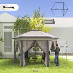 OUTSUNNY Garden Gazebo Összecsukható Pavilon 4 X 4 M Pop-Up Sátor Party Sátor Hordtáskával 6 Oldallappal, Duplatetős Hatszögletű Kávé + Bézs 