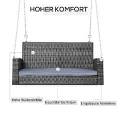 OUTSUNNY Hanging Bench 2 Személyes Rattan Kerti Hinta Üléspárnával, Függőhinta, Hollywood Swing, Szürke, 127 X 57,5 X 60 Cm 