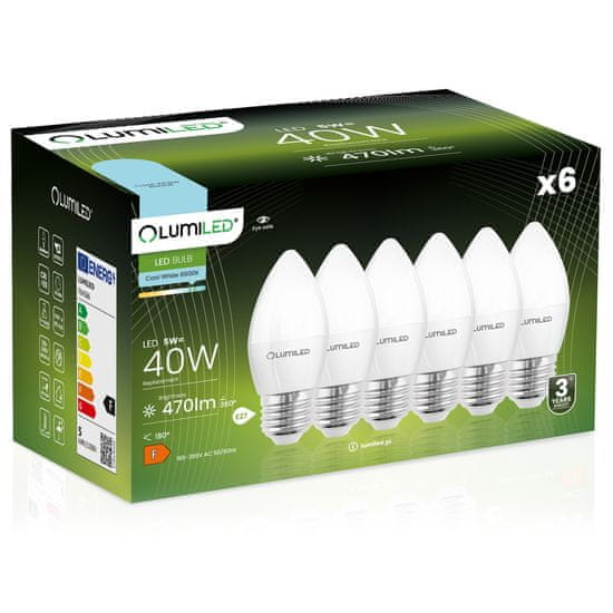 LUMILED 6x LED izzó E27 B35 5W = 40W 470lm 6500K Hideg fehér 180°