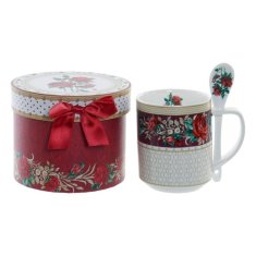 NEW DKD Home Decor Porcelán rózsás csésze kanállal (300 ml)