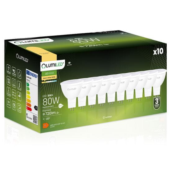 LUMILED 10x LED izzó GU5.3 MR16 8W = 80W 720lm 3000K Meleg fehér 120° 12V