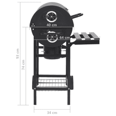 Vidaxl fekete acél hengeres grillsütő kerékkel és polccal 115x85x95 cm (313636)