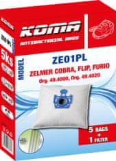 KOMA ZE01PL - 25 darabos porzsákkészlet Zelmer Cobra, Flip, Furio porszívókhoz, műanyag előlappal, szintetikus