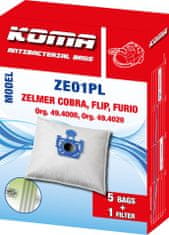 KOMA ZE01PL - 25 darabos porzsákkészlet Zelmer Cobra, Flip, Furio porszívókhoz, műanyag előlappal, szintetikus