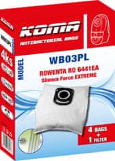 KOMA WB03PL - 20 darabos porzsákkészlet ROWENTA RO6441 Silence Force EXTREME porszívókhoz, műanyag előlappal, szintetikus