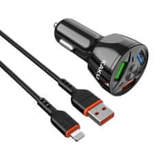 Kaku Car Charger autós töltő 3xUSB QC 4.8A 20W + Lightning kábel, fekete