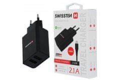 SWISSTEN Smart IC hálózati adapter, 2x USB + USB-C adatkábel, 1,2 m, fekete
