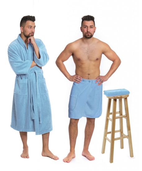 Interkontakt Világoskék szett: KIMONO fürdőköpeny + férfi szauna kilt + törölköző