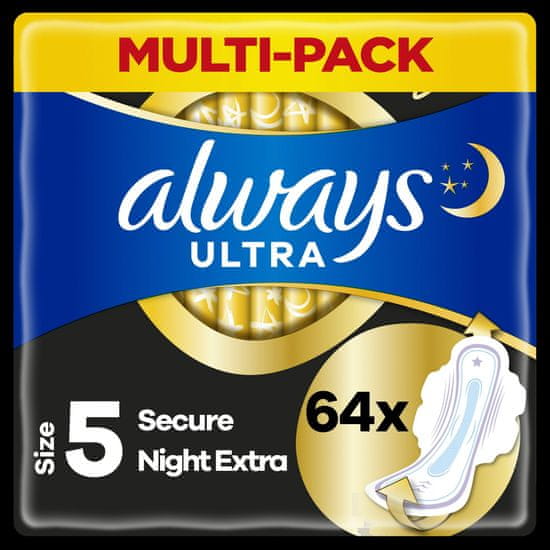 Always Ultra egészségügyi betét Secure Night Extra szárnyakkal, 64 db