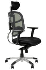 STEMA Forgó irodai szék HN-5018. Állítható fejtámla, háttámla és kartámasz. Deréktámasz. Szinkron mechanizmus csúsztatható (elöl-hátsó) üléssel. Nagy sűrűségű üléshab. Hálós háttámla. Fekete/szürke.