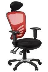 STEMA Forgó ergonomikus irodai szék HG-0001H. Nylon alap, puha kerekekkel, állítható kartámaszokkal, fejtámlával, állítható háttámlával (fel-le), állítható üléssel (szögben) rendelkezik. Fekete/piros.
