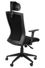 STEMA Forgó ergonomikus irodai szék HG-0004. Nylon alap, puha kerekekkel, 4-es osztályú emelővel, állítható kartámaszokkal és állítható fejtámlával rendelkezik. Szinkron mechanizmus. Fekete szín.