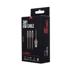 maXlife 3in1 nylon kábel Micro USB / C típusú iPhone 8 PIN-kódú gyors töltésű, 2.1A szürke színű