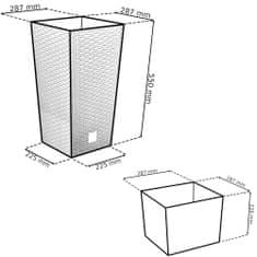 botle 2 db virágcserepek 35 L rattan megjelenésű fehér magas ültetőkészlet H 55 cm belső dobozzal 14 L négyzet alakú műanyag ültetőkészlettel