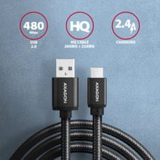 AXAGON BUMM-AM15AB, HQ kábel Micro USB <-> USB-A, 1.5m, USB 2.0, 2.4A, ALU, fonott, fekete