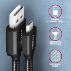 AXAGON BUMM-AM15AB, HQ kábel Micro USB <-> USB-A, 1.5m, USB 2.0, 2.4A, ALU, fonott, fekete