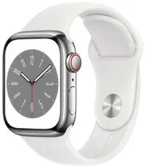 Apple Watch Series 8 Cellular, 41mm Silver Stainless Steel Case with White Sport Band MNJ53CS/A