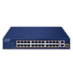 Planet FGSD-2621P PoE switch, 24x100M + 1x1Gb RJ45 + 1xSFP, PoE 802.3at 185W, bővítési mód 10Mb-250m