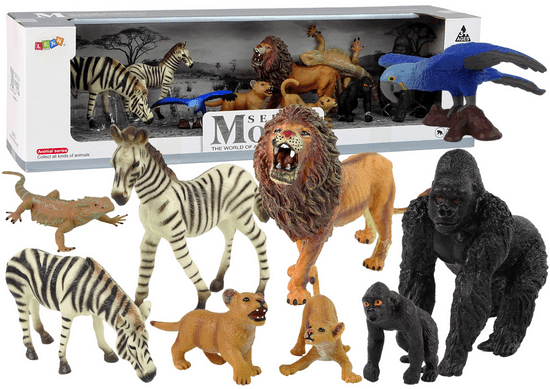 Lean-toys Figura készlet Afrika Vadállatok Zebra Gorillák Papagájok