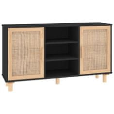 Greatstore fekete fenyő/természetes rattan tálalószekrény 105 x 30 x 60 cm