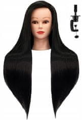 Enzo Iza gyakorló babafej 60 cm-es fekete termikus hajból + asztali tartó állvány, gyakorló fej, modellező fej